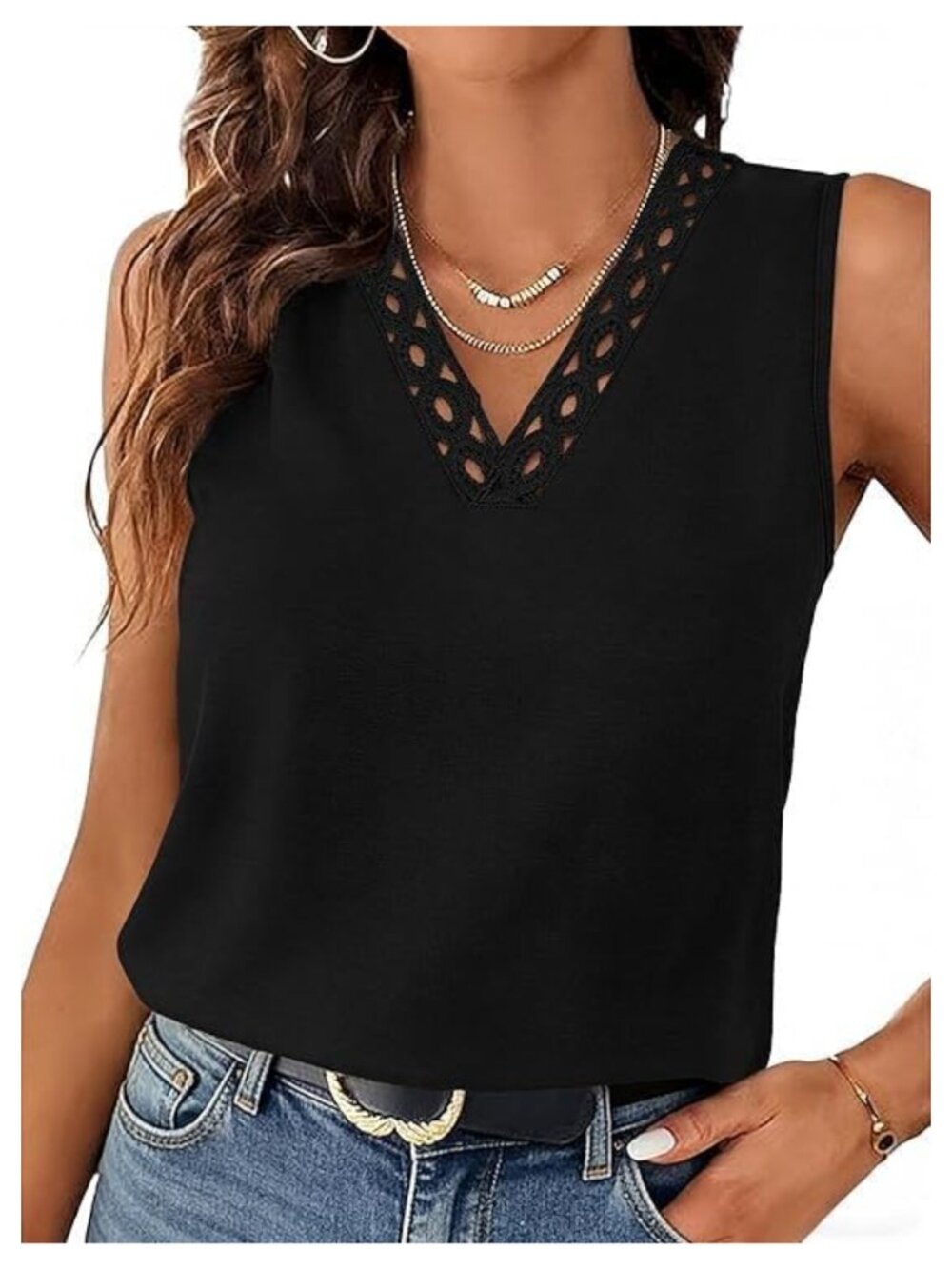 Lace V Neck Tank Top Loose Fit Sleeveless Summer Tunic Shirt